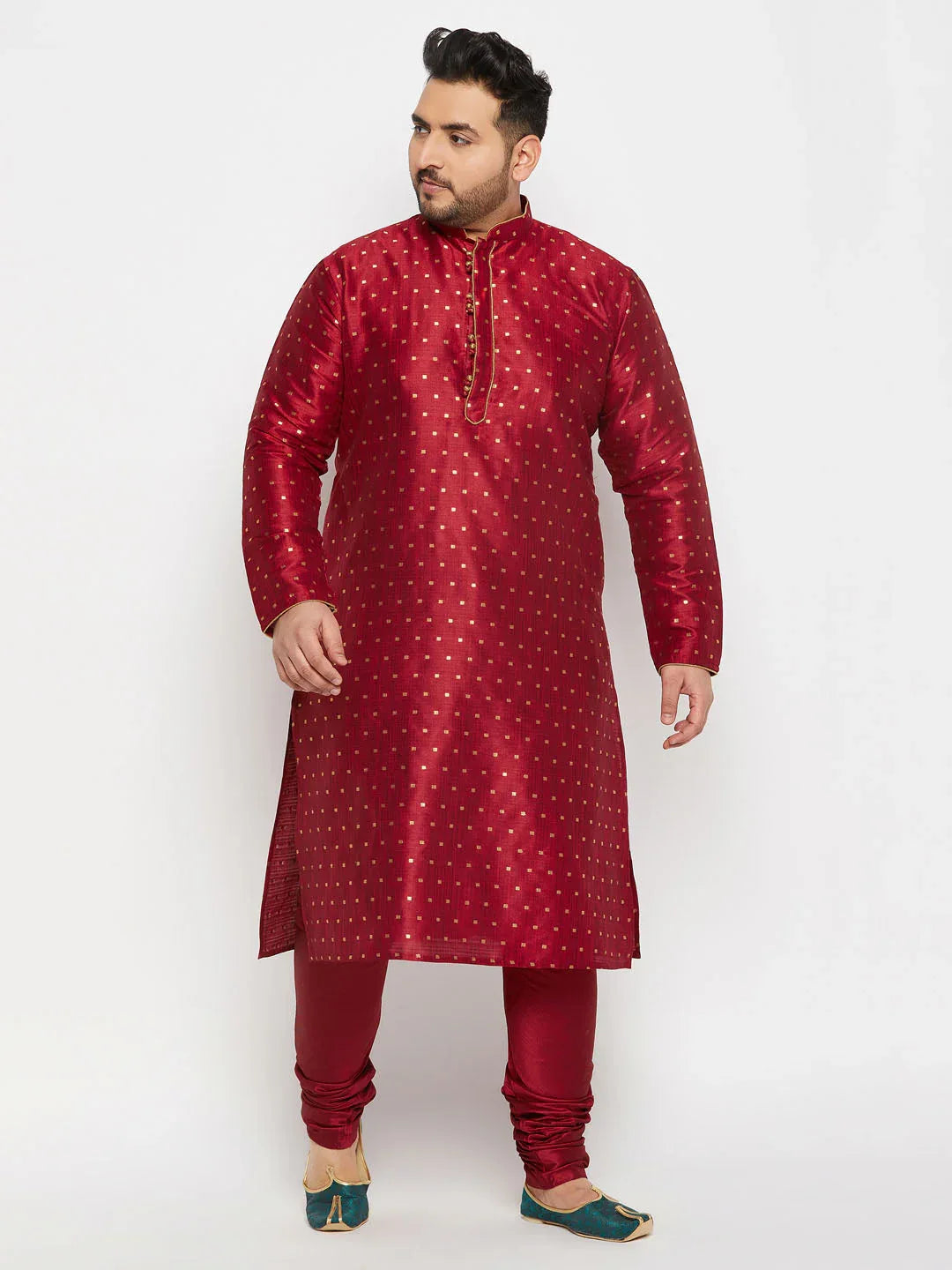 Men's Plus Size Maroon Zari Weaved Kurta Pyjama Set