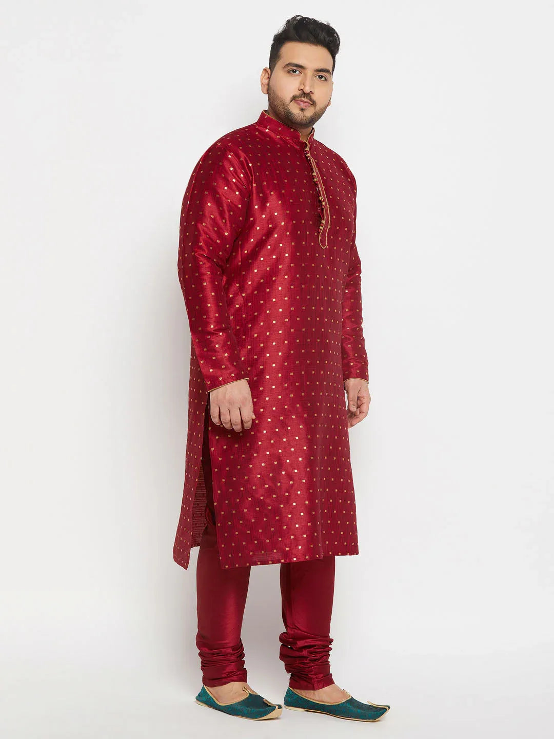 Men's Plus Size Maroon Zari Weaved Kurta Pyjama Set