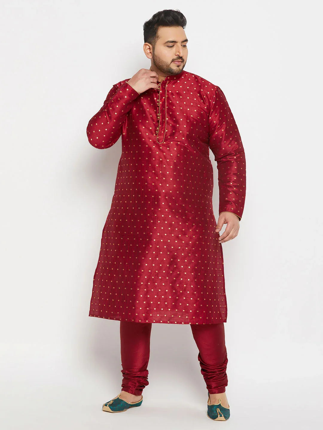 Men's Plus Size Maroon Zari Weaved Kurta Pyjama Set