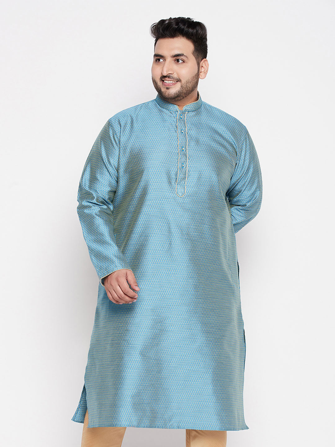 VASTRAMAY Men's Plus Size Aqua Blue Woven Kurta - Traditional Indian ethnic wear for men, featuring a comfortable and stylish aqua blue woven design