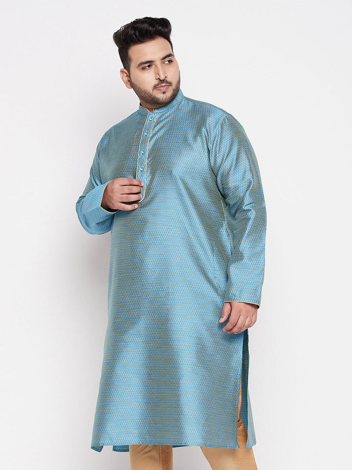 VASTRAMAY Men's Plus Size Aqua Blue Woven Kurta with intricate detailing