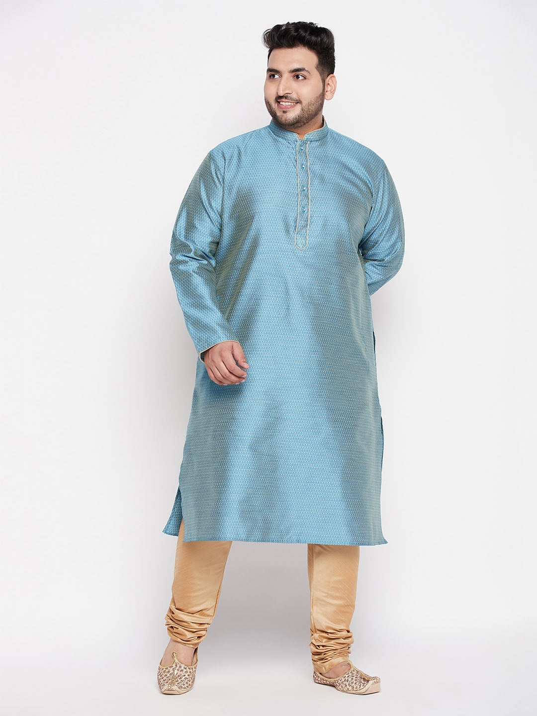 VASTRAMAY Men's Plus Size Aqua Blue Woven Kurta