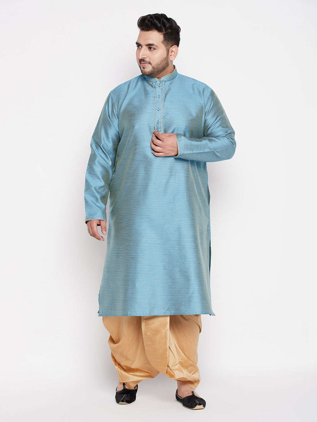 VASTRAMAY Men's Plus Size Aqua Blue Woven Kurta And Rose Gold Dhoti Set