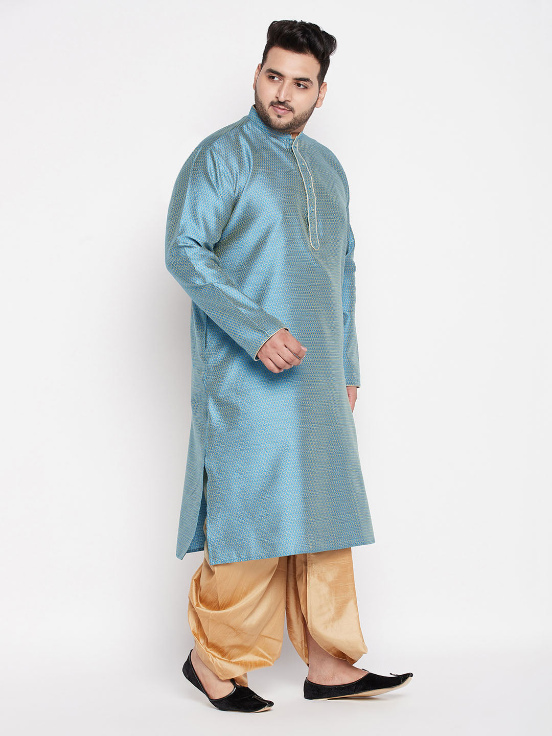 VASTRAMAY Men's Plus Size Aqua Blue Woven Kurta And Rose Gold Dhoti Set, perfect for traditional Indian occasions and celebrations