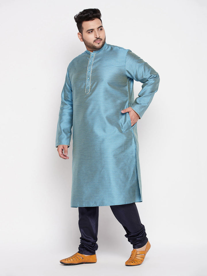 VASTRAMAY Men's Plus Size Aqua Blue Woven Kurta And Navy Blue Pyjama Set - Traditional Indian ethnic wear for men in aqua blue and navy blue colors