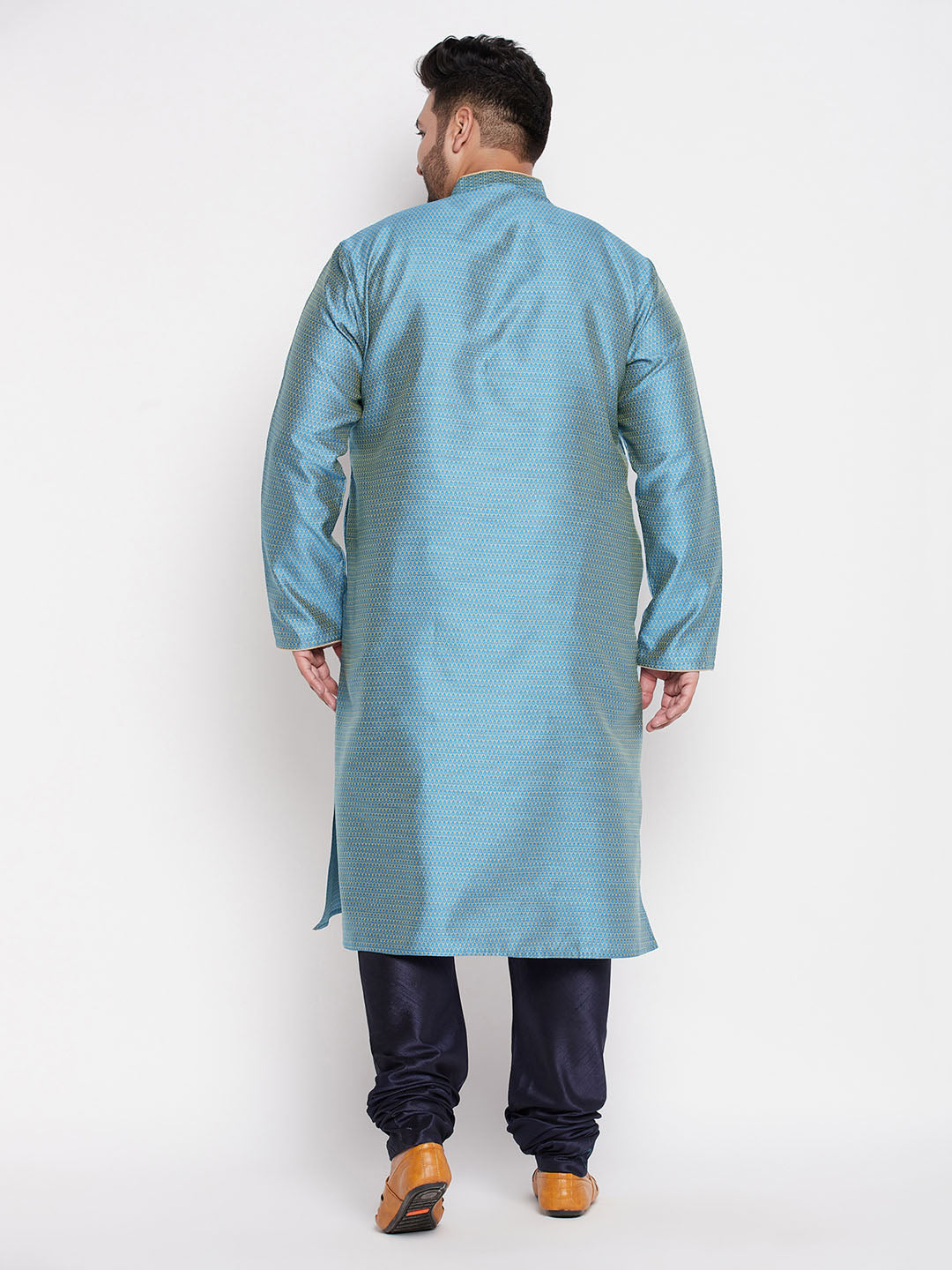 VASTRAMAY men's plus size aqua blue woven kurta and navy blue pyjama set, perfect for casual and formal occasions