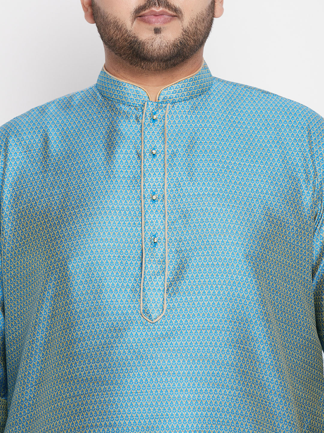 VASTRAMAY Men's Plus Size Aqua Blue Woven Kurta And Navy Blue Pyjama Set - Traditional Indian ethnic wear for men in aqua blue and navy blue colors