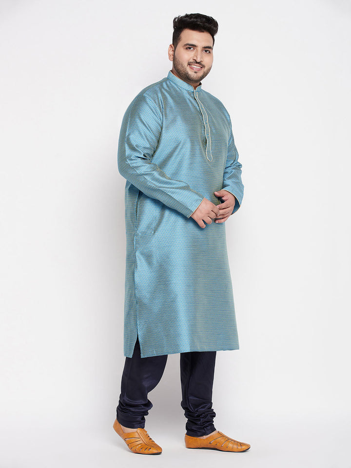 VASTRAMAY Men's Plus Size Aqua Blue Woven Kurta And Navy Blue Pyjama Set - Traditional Indian ethnic wear for men in aqua blue and navy blue colors