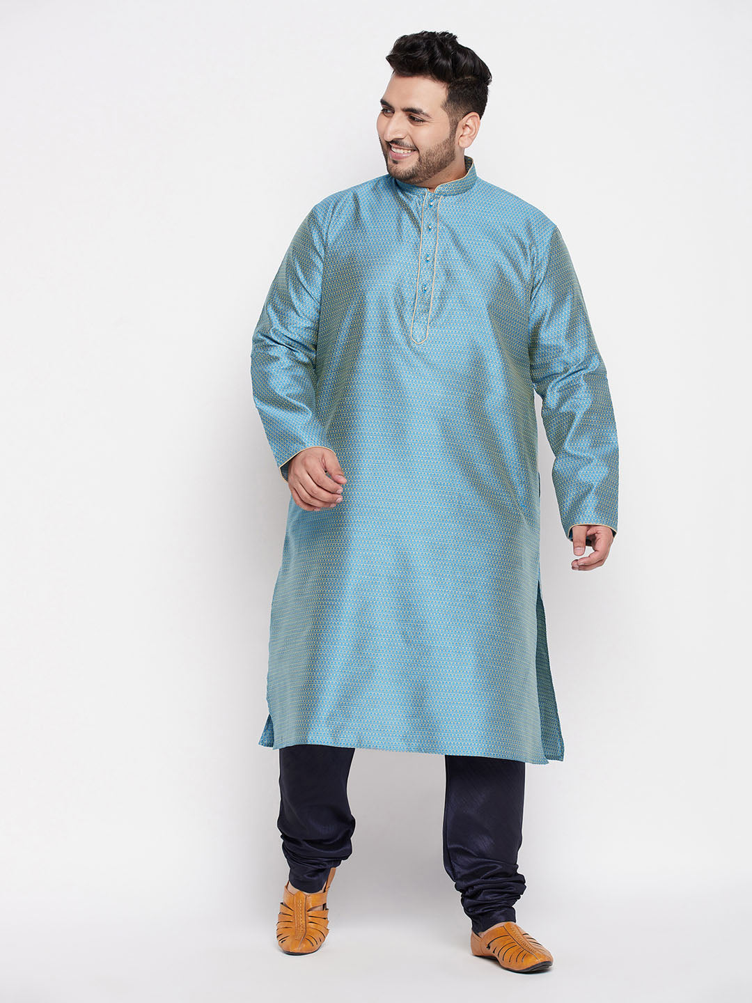 VASTRAMAY Men's Plus Size Aqua Blue Woven Kurta And Navy Blue Pyjama Set perfect for casual and formal events