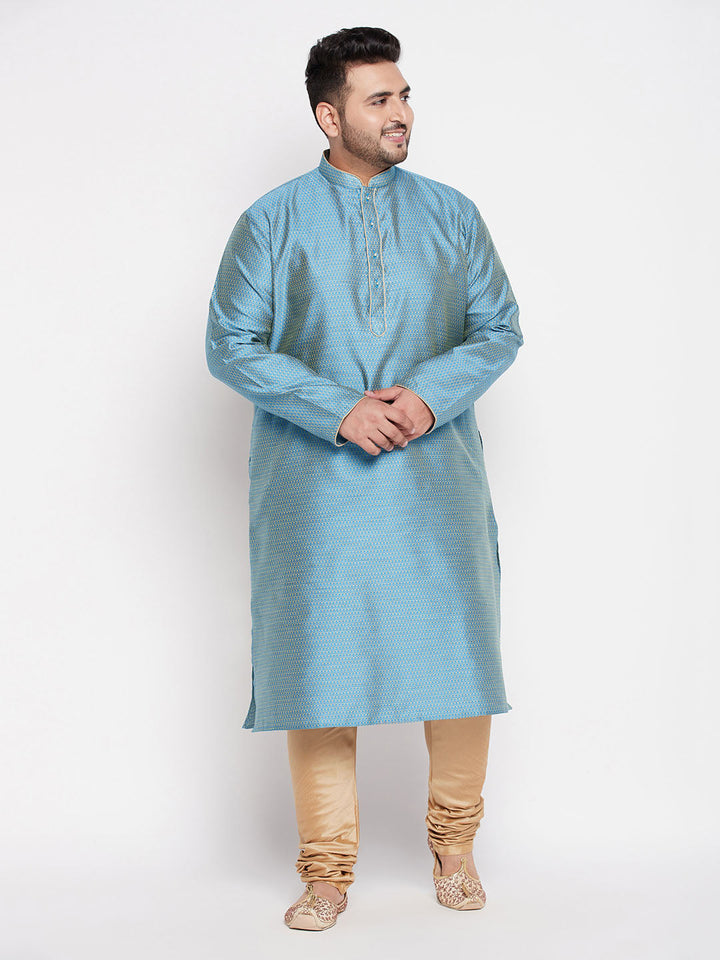 VASTRAMAY Men's Plus Size Aqua Blue Woven Kurta And Rose Gold Pyjama Set