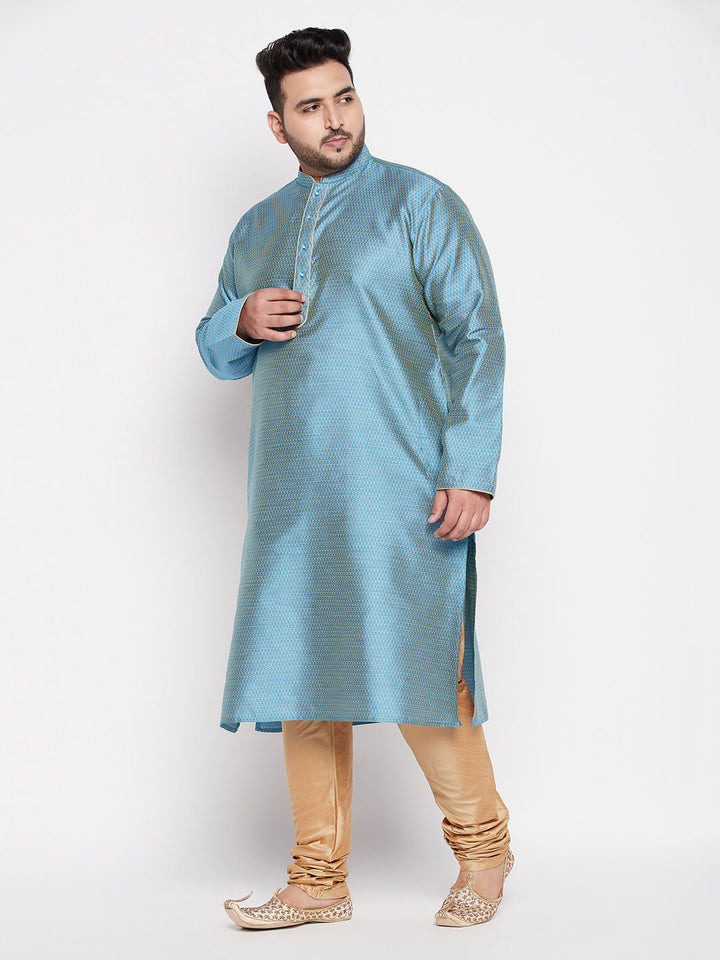 VASTRAMAY Men's Plus Size Aqua Blue Woven Kurta And Rose Gold Pyjama Set