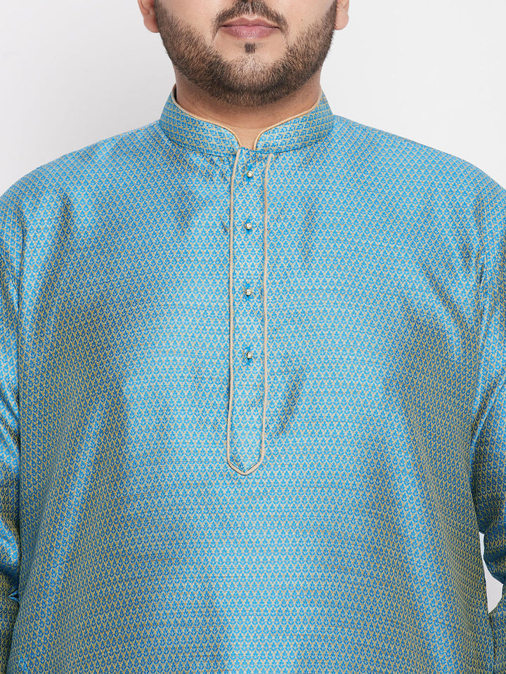 VASTRAMAY Men's Plus Size Aqua Blue Woven Kurta And Rose Gold Pyjama Set