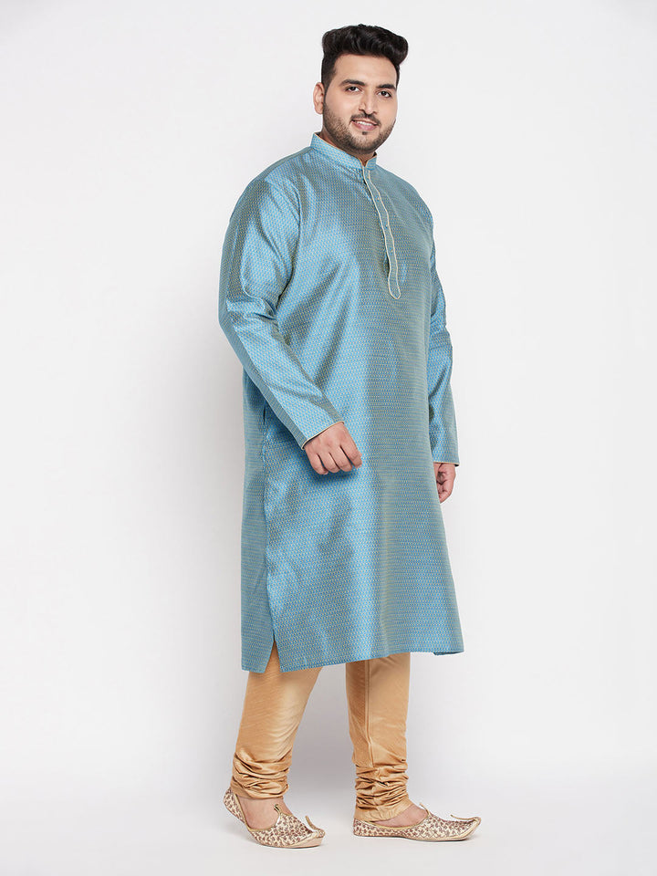 VASTRAMAY Men's Plus Size Aqua Blue Woven Kurta And Rose Gold Pyjama Set - comfortable and stylish ethnic wear for men in aqua blue color