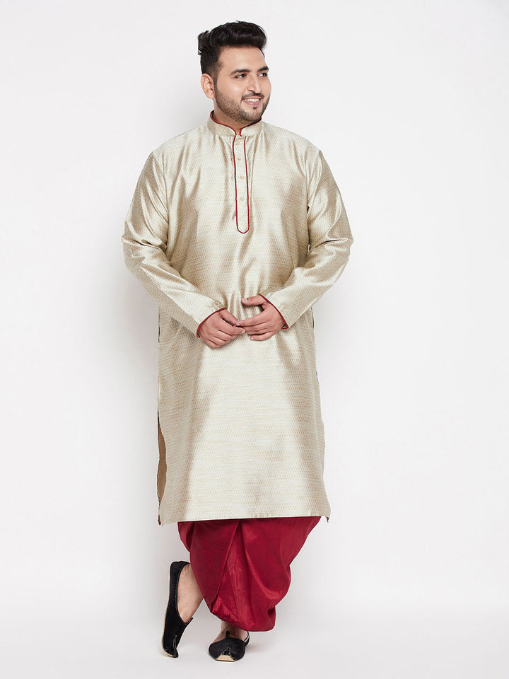 VASTRAMAY Men's Plus Size Beige Woven Kurta And Maroon Dhoti Set, front view, traditional Indian ethnic wear for special occasions and festivals 