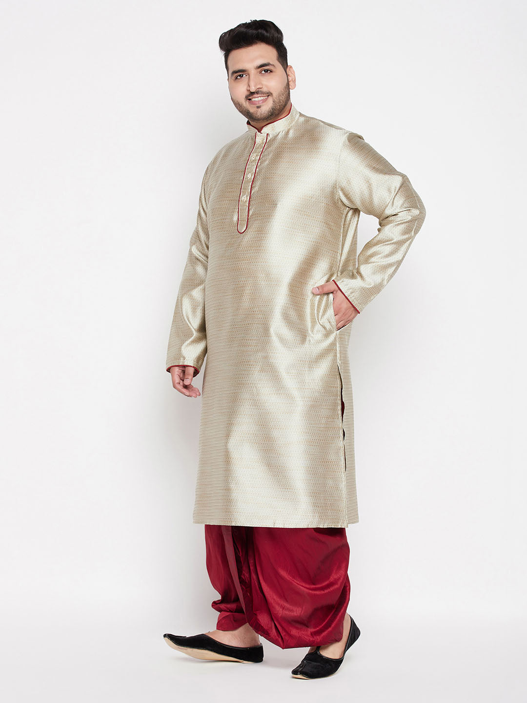 VASTRAMAY Men's Plus Size Beige Woven Kurta And Maroon Dhoti Set, traditional Indian clothing for men in larger sizes, perfect for special occasions and cultural events