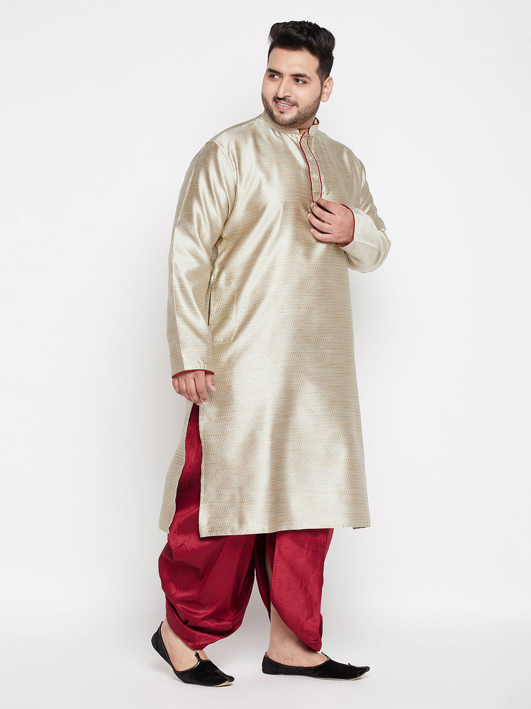 VASTRAMAY Men's Plus Size Beige Woven Kurta And Maroon Dhoti Set