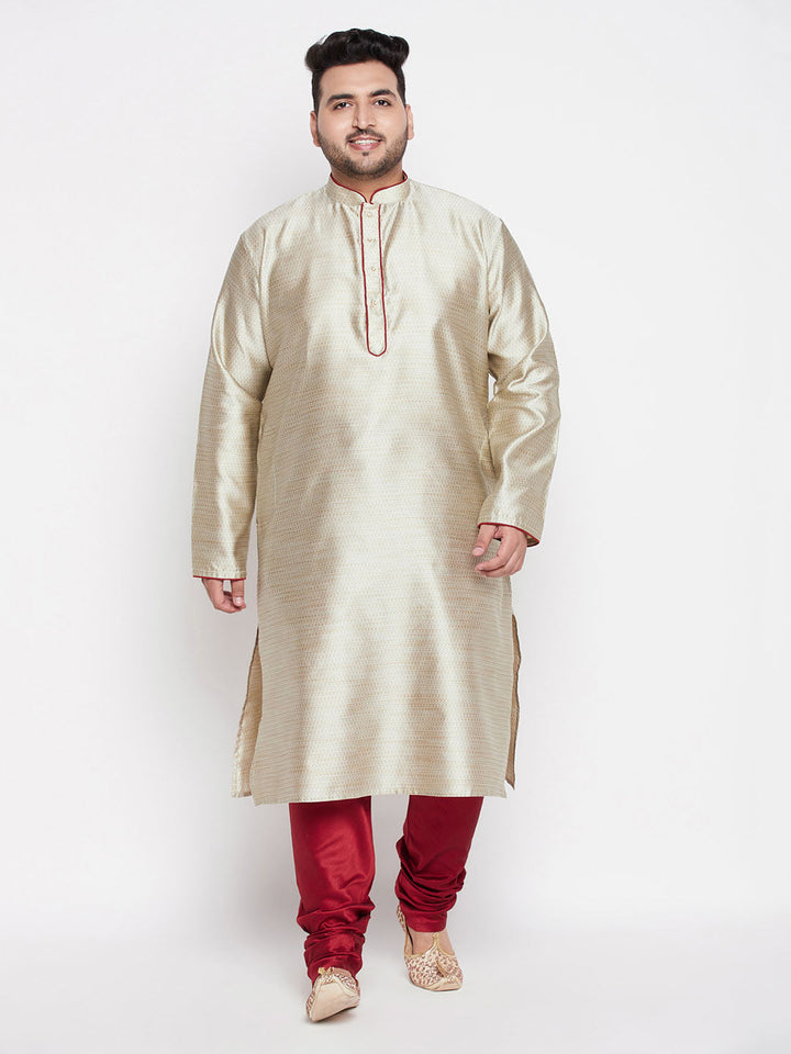 VASTRAMAY Men's Plus Size Beige Woven Kurta And Maroon Pyjama Set outfit displayed on a male model standing against a white background