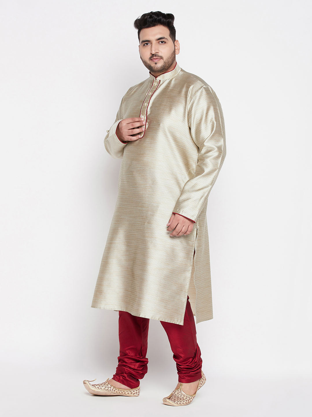 VASTRAMAY Men's Plus Size Beige Woven Kurta And Maroon Pyjama Set for traditional Indian wear