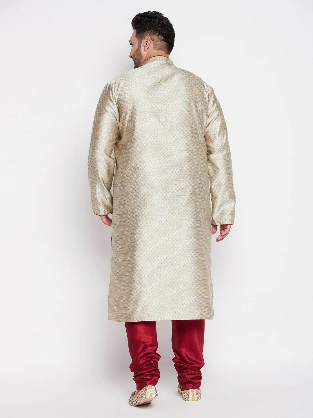 High-quality beige woven kurta and maroon pyjama set for men's plus size