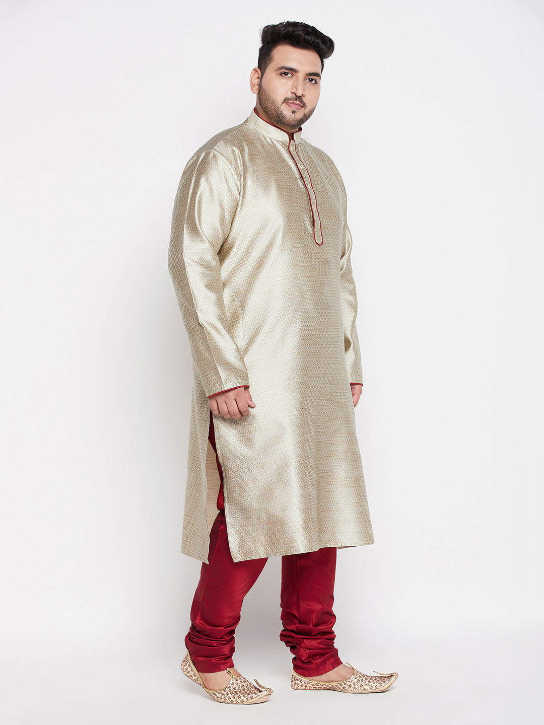 VASTRAMAY Men's Plus Size Beige Woven Kurta And Maroon Pyjama Set