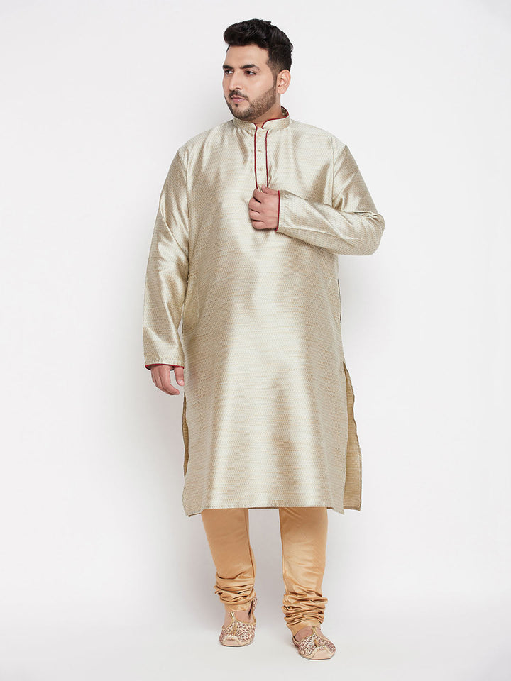 VASTRAMAY Men's Plus Size Beige Woven Kurta And Rose Gold Pyjama Set