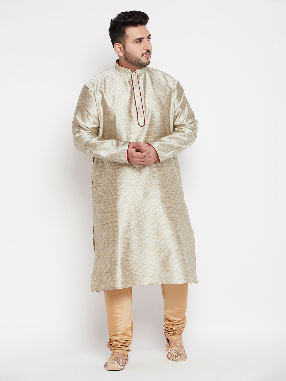 VASTRAMAY Men's Plus Size Beige Woven Kurta And Rose Gold Pyjama Set