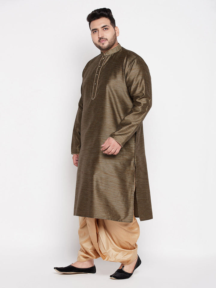 VASTRAMAY Men's Plus Size Black Woven Kurta And Rose Gold Dhoti Set on man standing against a white background