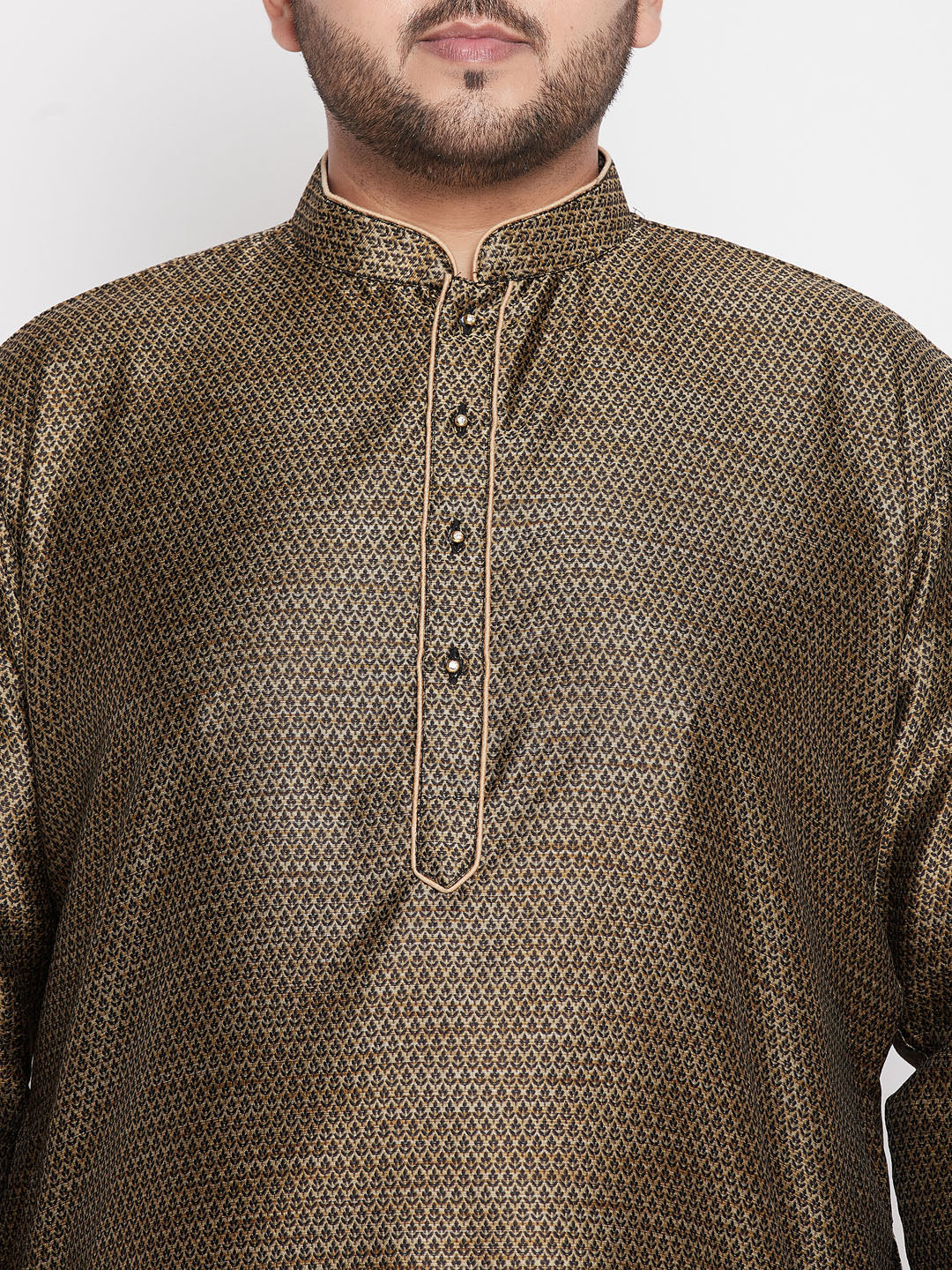  Man wearing the VASTRAMAY Men's Plus Size Black Woven Kurta And Rose Gold Dhoti Set with traditional Indian accessories and footwear