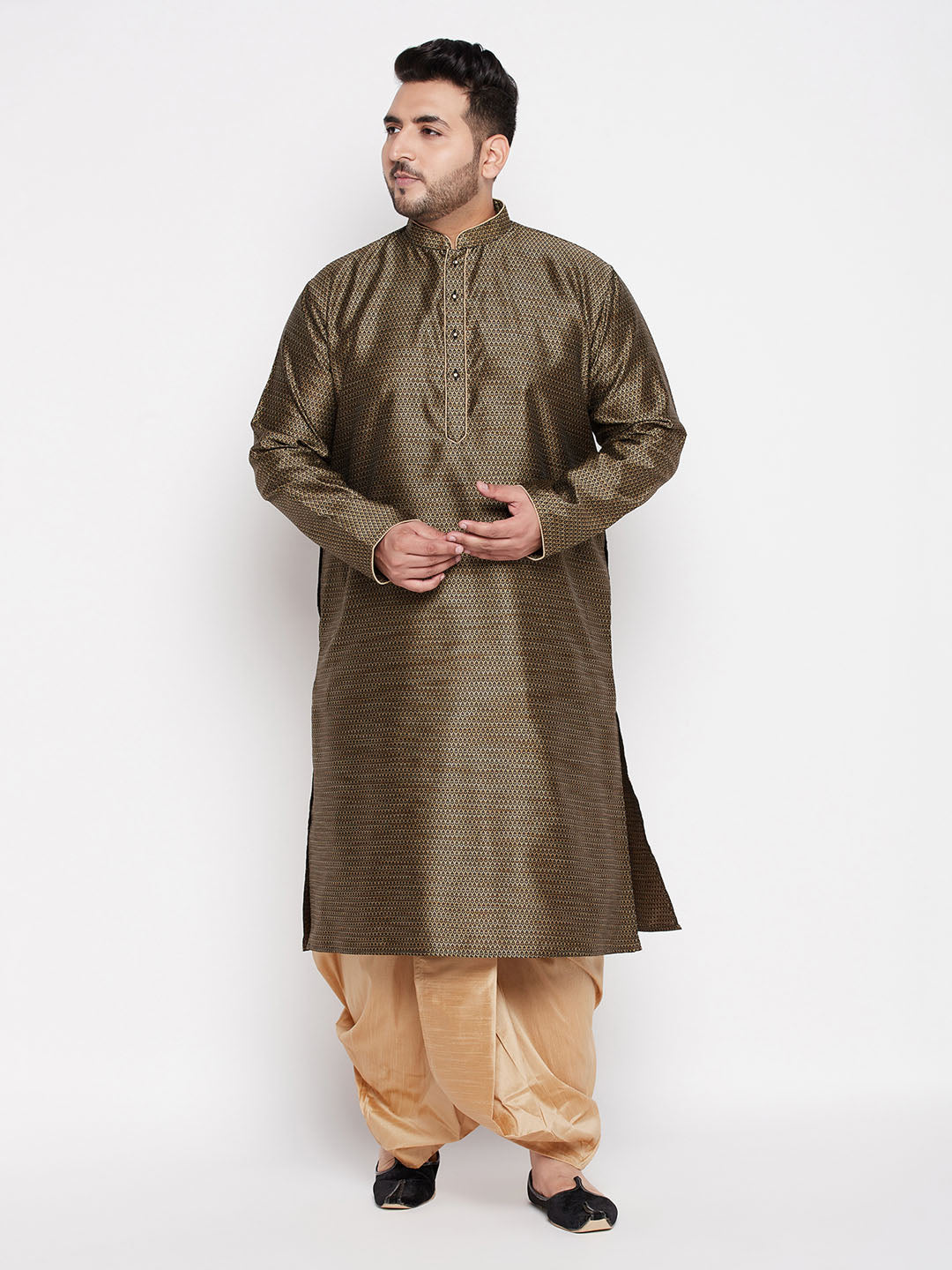 VASTRAMAY Men's Plus Size Black Woven Kurta And Rose Gold Dhoti Set