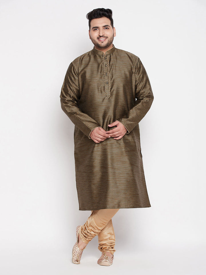 VASTRAMAY Men's Plus Size Black Woven Kurta And Rose Gold Pyjama Set