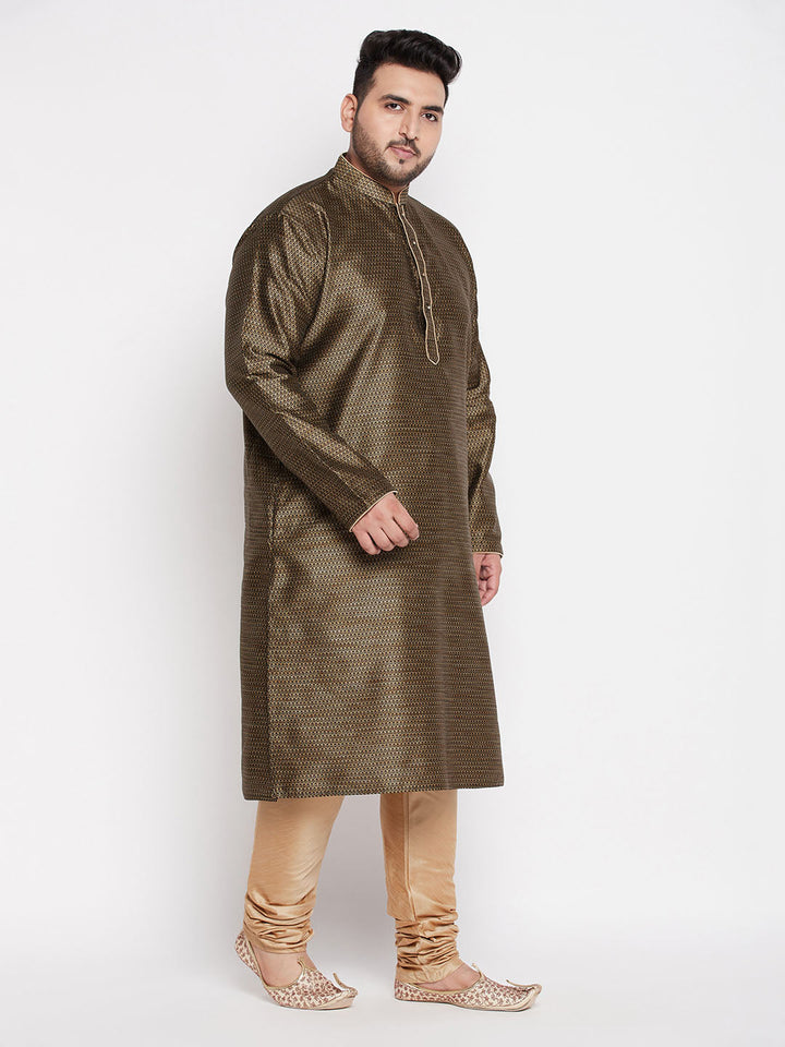 VASTRAMAY Men's Plus Size Black Woven Kurta And Rose Gold Pyjama Set