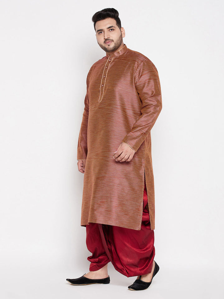 VASTRAMAY Men's Plus Size Maroon Woven Kurta And Maroon Dhoti Set - Traditional Indian ethnic wear for men in larger sizes, featuring a maroon kurta and dhoti set with intricate woven detailing