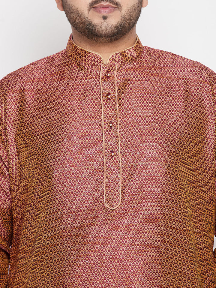 VASTRAMAY Men's Plus Size Maroon Woven Kurta And Maroon Dhoti Set - Traditional Indian clothing for men with loose fit and intricate woven details