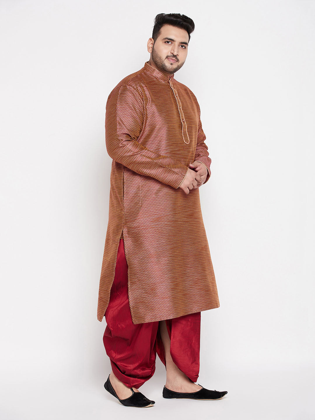 VASTRAMAY Men's Plus Size Maroon Woven Kurta And Maroon Dhoti Set, traditional Indian outfit for formal occasions and festivals