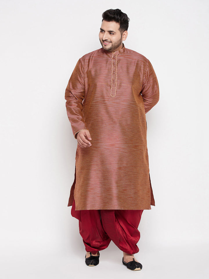 VASTRAMAY Men's Plus Size Maroon Woven Kurta And Maroon Dhoti Set featuring intricate weaving and comfortable fabric for a stylish traditional look