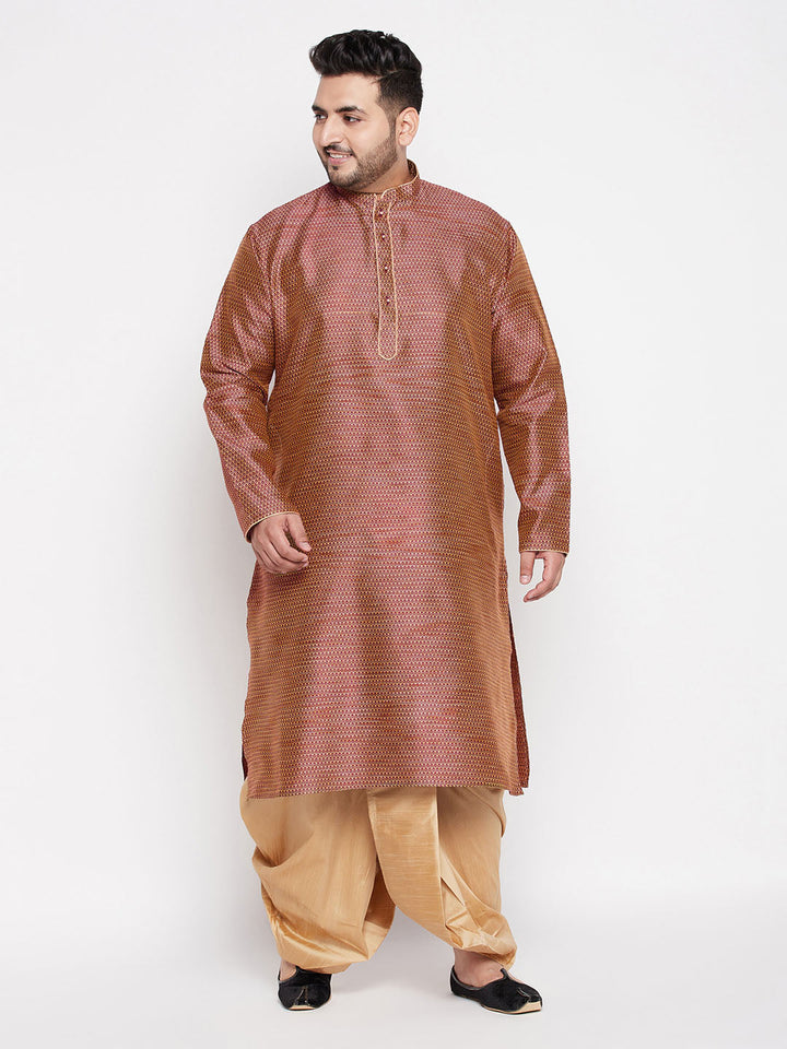 VASTRAMAY Men's Plus Size Maroon Woven Kurta And Rose Gold Dhoti Set