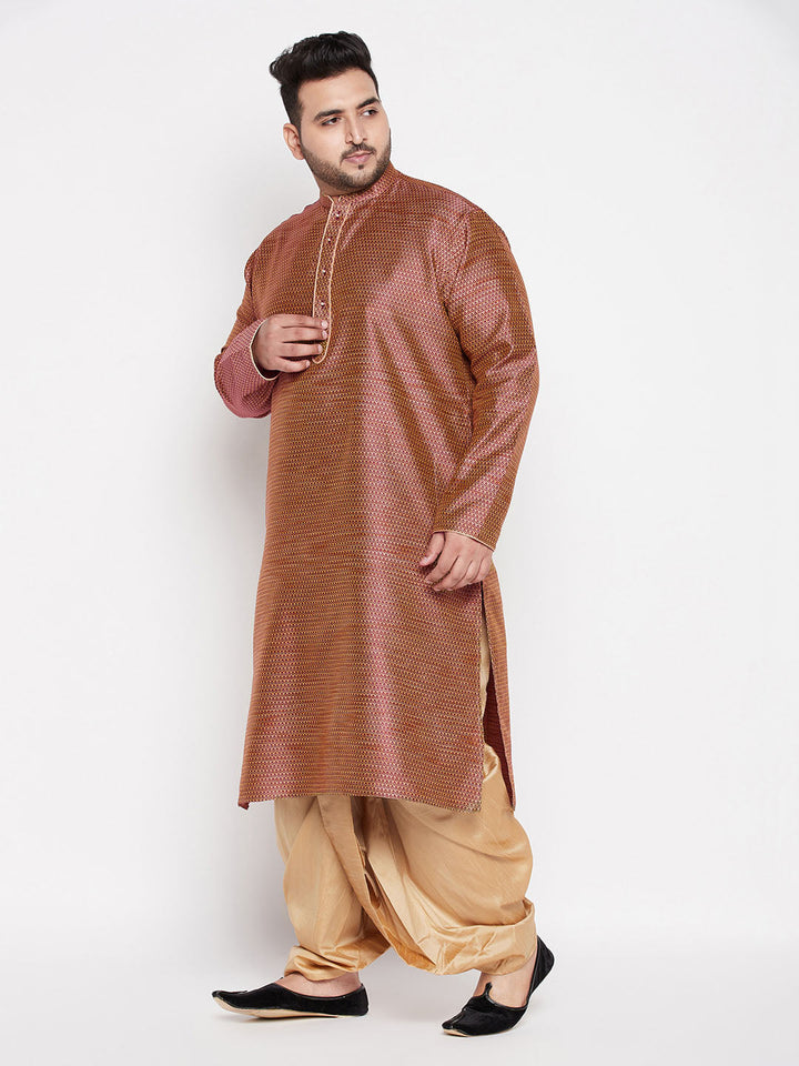 VASTRAMAY Men's Plus Size Maroon Woven Kurta And Rose Gold Dhoti Set, traditional Indian attire with intricate weaving and rich color