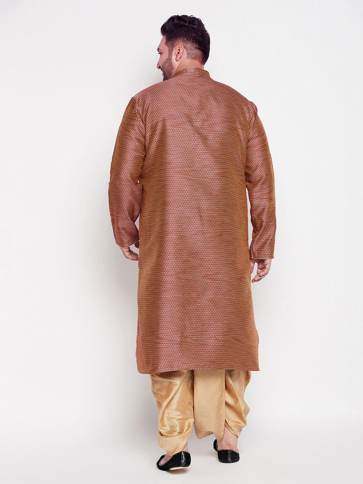 VASTRAMAY Men's Plus Size Maroon Woven Kurta And Rose Gold Dhoti Set