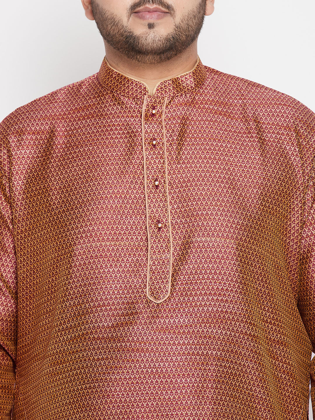 VASTRAMAY Men's Plus Size Maroon Woven Kurta And Rose Gold Dhoti Set - Traditional Indian ethnic attire for larger men in rich maroon and rose gold colors