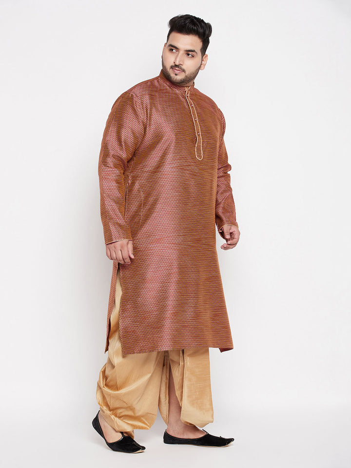 VASTRAMAY Men's Plus Size Maroon Woven Kurta And Rose Gold Dhoti Set