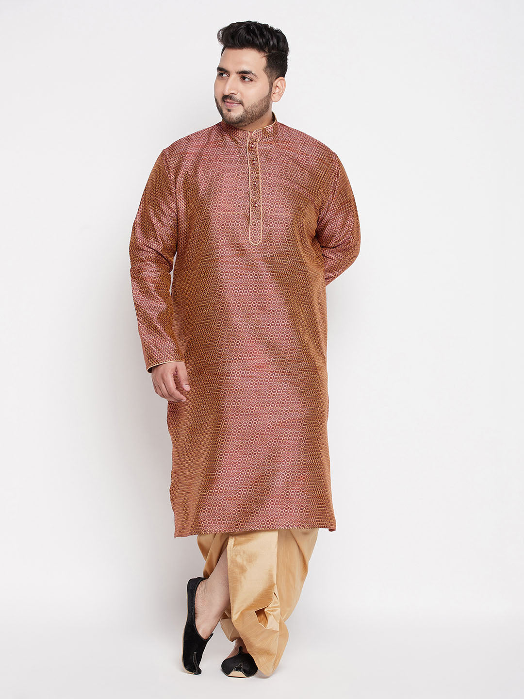 VASTRAMAY Men's Plus Size Maroon Woven Kurta And Rose Gold Dhoti Set