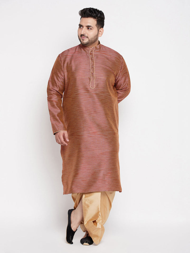  Elegant and stylish VASTRAMAY Men's Plus Size Maroon Woven Kurta And Rose Gold Dhoti Set, showcasing a beautifully woven maroon kurta paired with a stunning rose gold dhoti, ideal for traditional celebrations and cultural gatherings