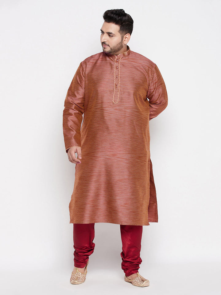 VASTRAMAY Men's Plus Size Maroon Woven Kurta With Intricate Design And Matching Maroon Pyjama Set Perfect For Festive Occasions And Special Events