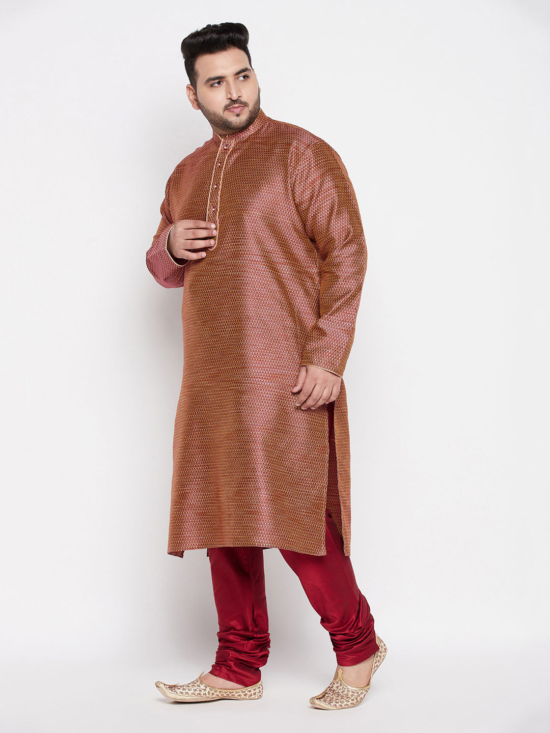 VASTRAMAY Men's Plus Size Maroon Woven Kurta And Maroon Pyjama Set