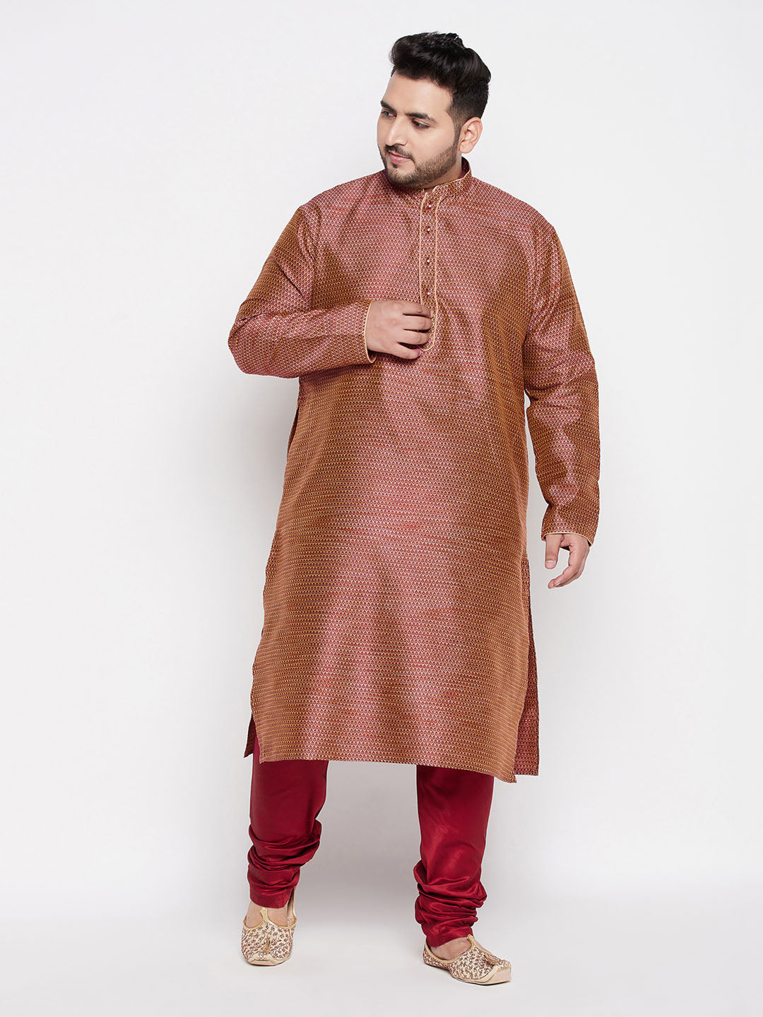  Model wearing the VASTRAMAY men's plus size maroon kurta and pyjama set for a sophisticated style statement