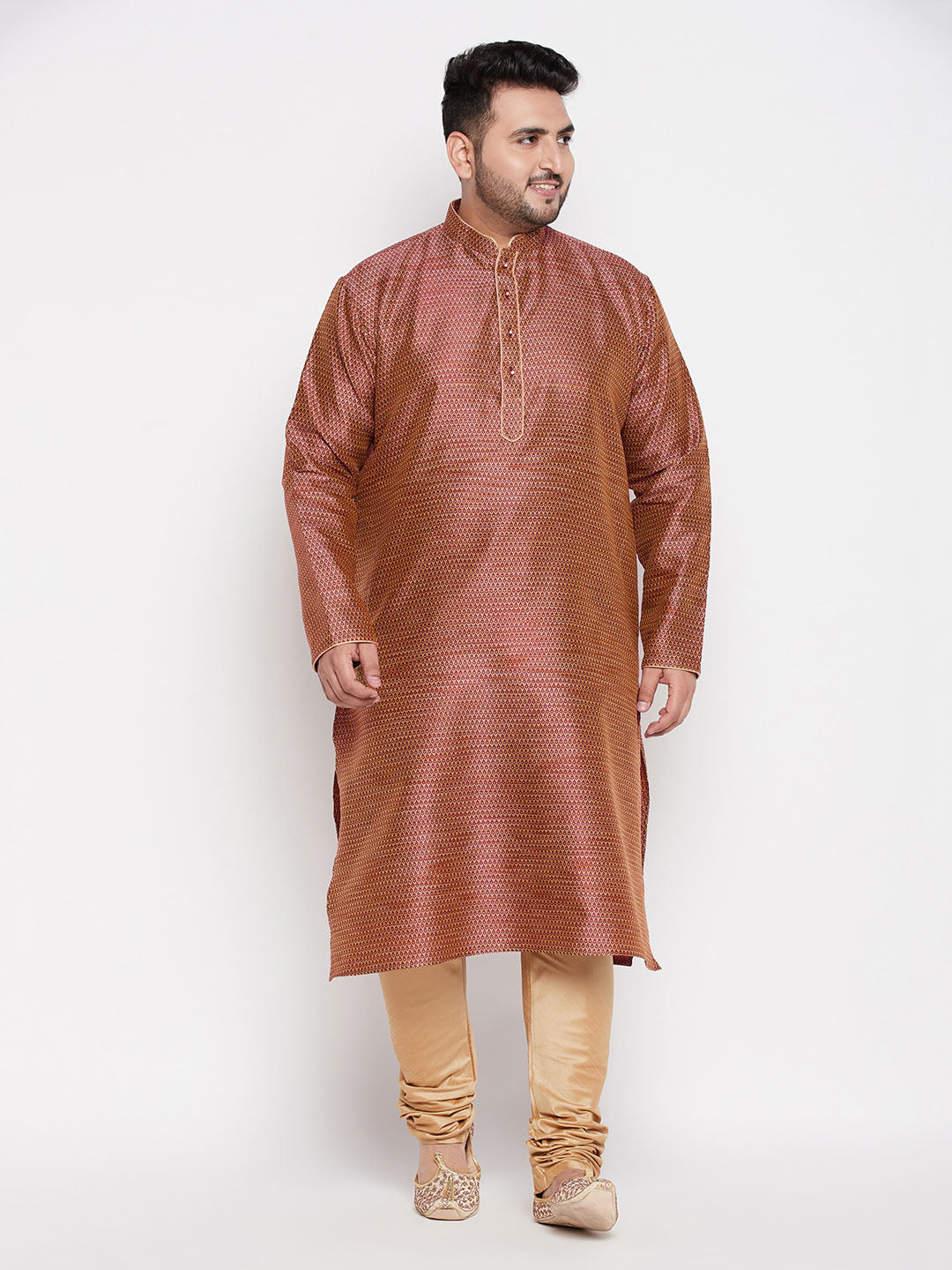 VASTRAMAY Men's Plus Size Maroon Woven Kurta And Rose Gold Pyjama Set