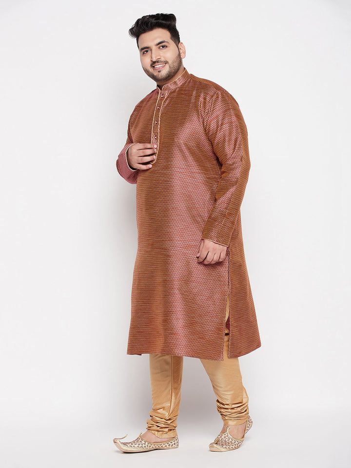 VASTRAMAY Men's Plus Size Maroon Woven Kurta And Rose Gold Pyjama Set