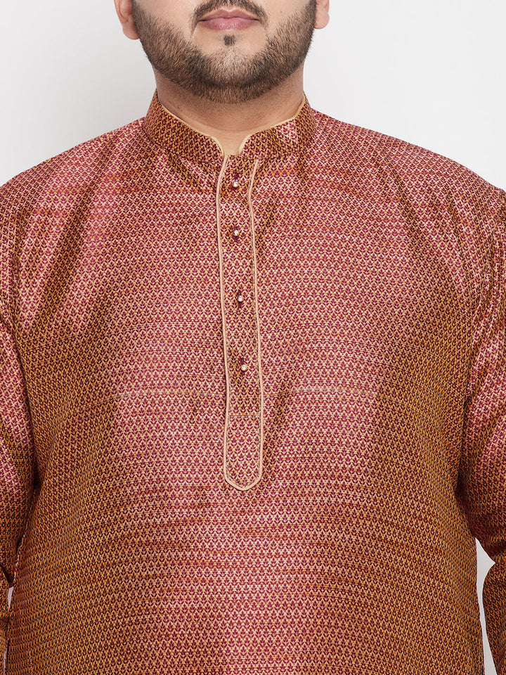 VASTRAMAY Men's Plus Size Maroon Woven Kurta And Rose Gold Pyjama Set