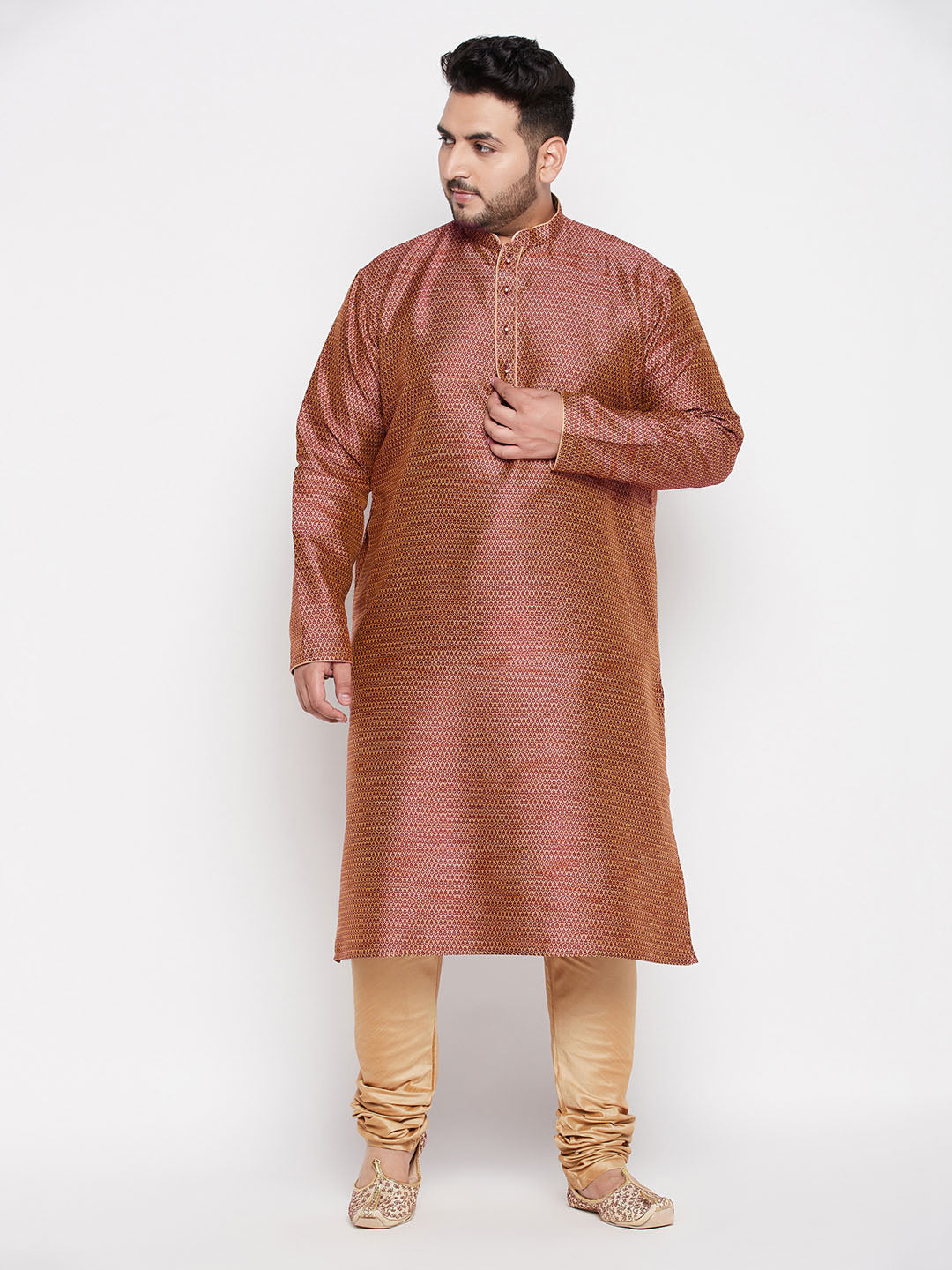 VASTRAMAY Men's Plus Size Maroon Woven Kurta And Rose Gold Pyjama Set