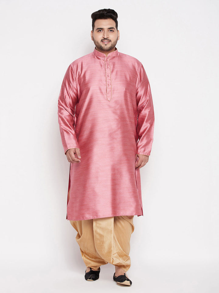 Men's plus size pink woven kurta with intricate design and detailing